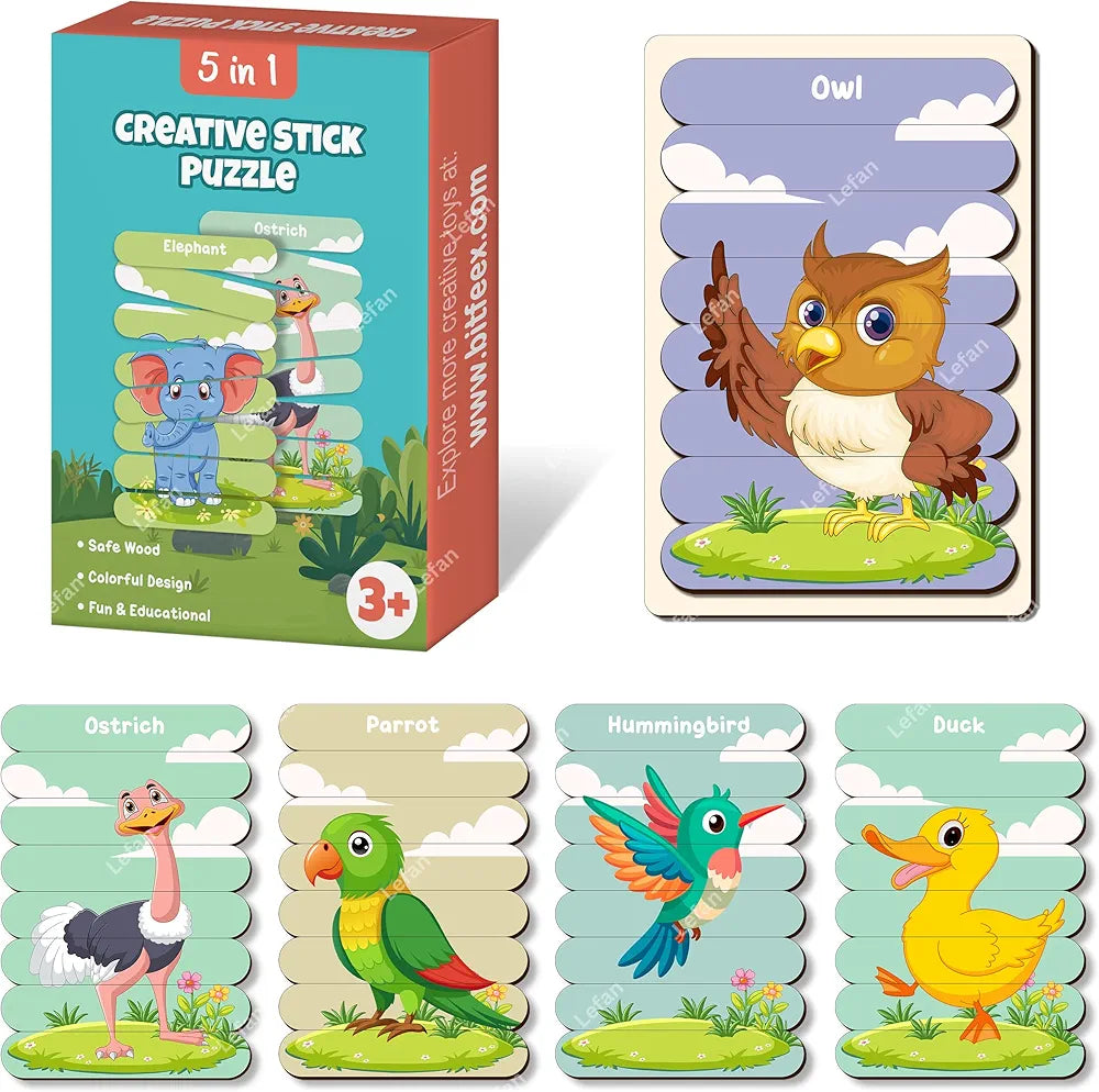 Lefan 5-in-1 Wooden Bird Stick Puzzle Animal Puzzle Sticks Set Kids Toys for 2-5 Years boy Montessori Early Learning Toy Gift 3 4 5 6 7 8 Years Kids