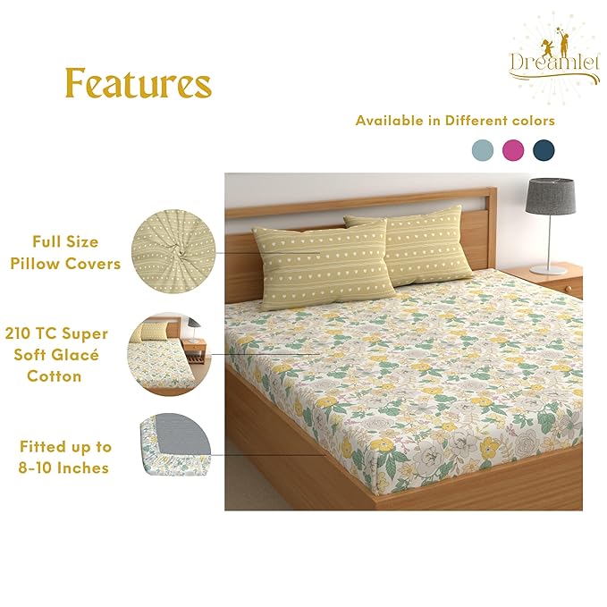 Dreamlet All Around Elastic Supersoft 210tc Premium Cotton Elastic Fitted Bedsheets With 2 King Size Pillow Covers | Yellow