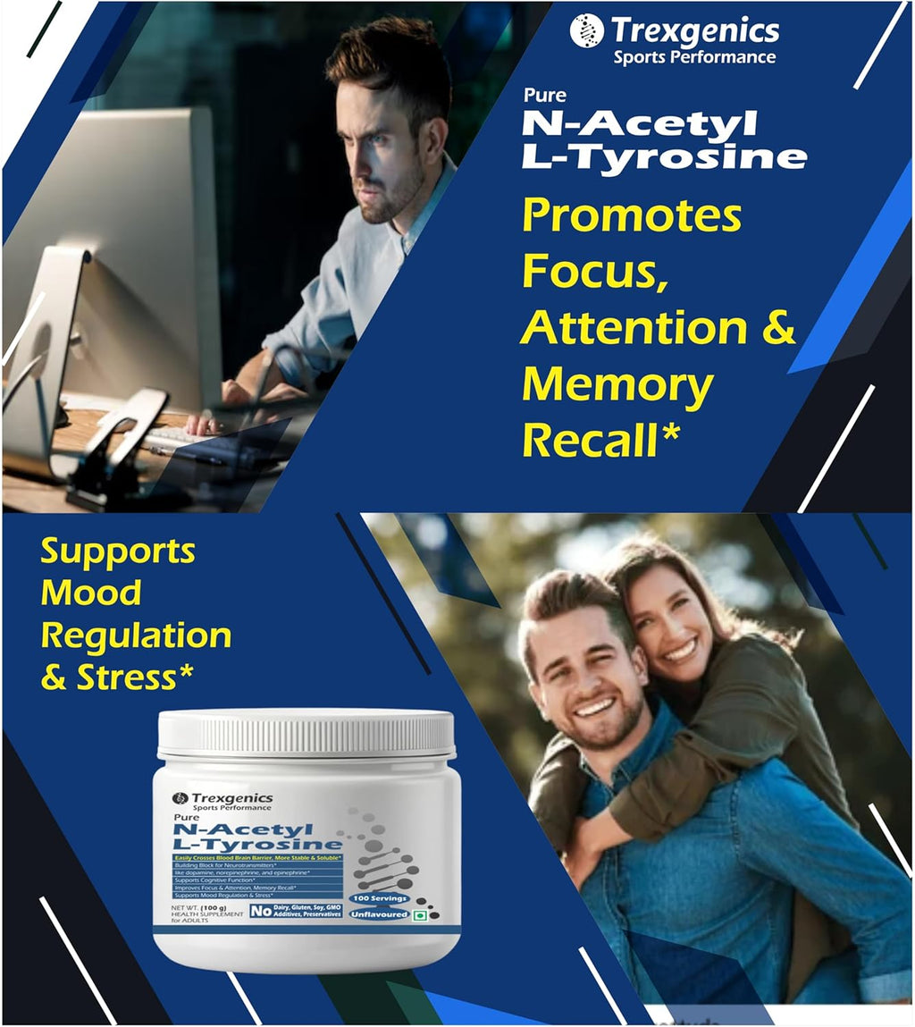Trexgenics N-ACETYL L-TYROSINE PURE POWDER Crosses Blood Brain Barrier Neurotransmitter production, Cognitive Function, Focus, Attention, Memory, Stress Support (100 grams)