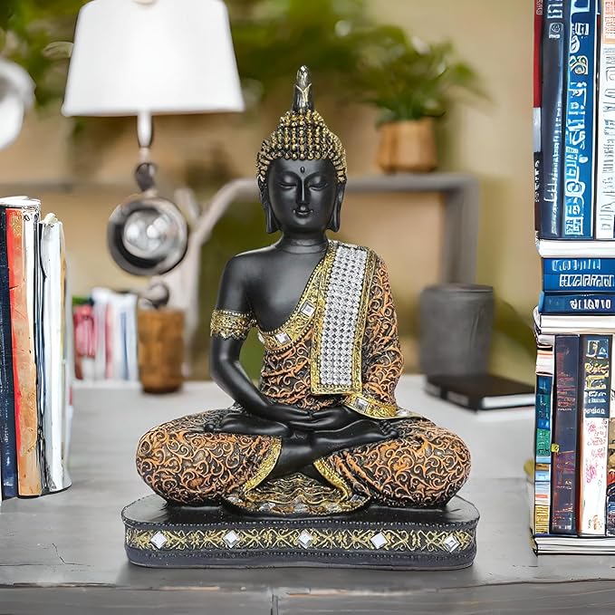 Global Grabbers New Meditating Sitting Buddha Statue Idol Gifts Orange Black Colour