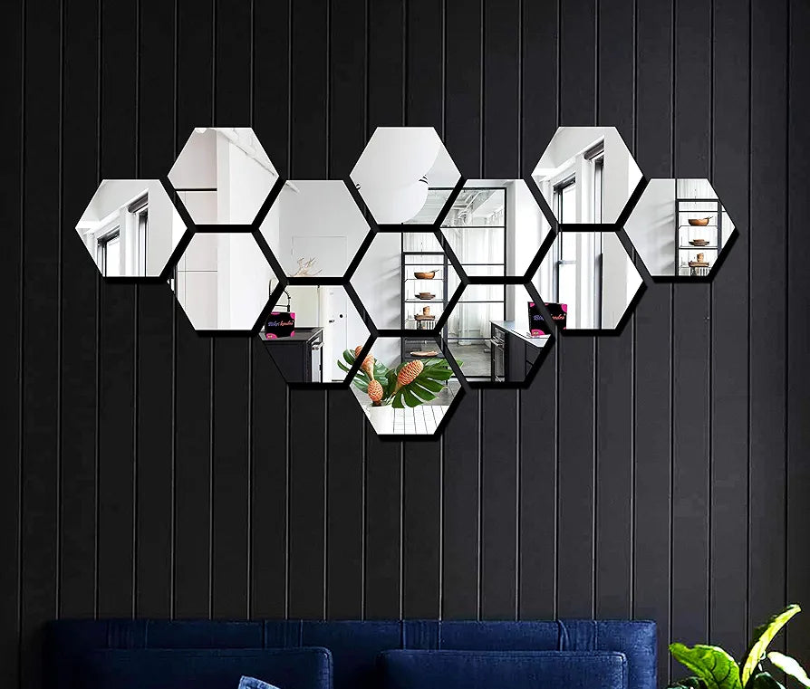 Bikri Kendra Hexagon 13 Silver Mirror Stickers for Wall Acrylic Mirror Wall Decor Sticker Acrylic Stickers Wall Stickers