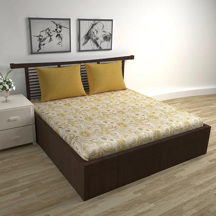 Divine Casa 144 TC 100% Pure Cotton Queen Size Double Bed Bedsheet with 2 Pillow Covers Floral Paisley Colour Mustard Beige