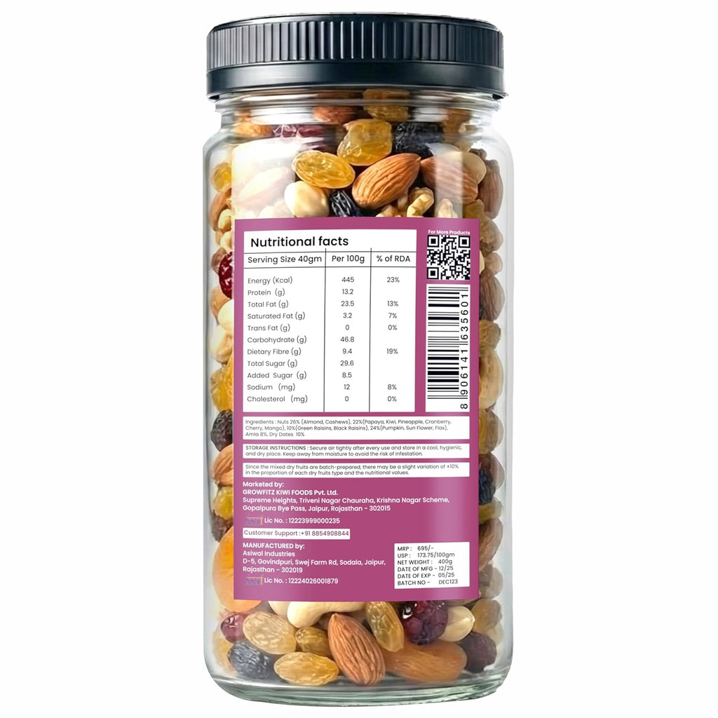 Growfitz Premium 15-in-1 Trial Mix 400g | Healthy Mixed Dry Fruits, Nuts & Seeds | Cashews, Almonds, Pistachio, Cranberries, Raisins, Pumpkin, Sunflower | High Protein Snack | Reusable Jar, Pack of 1