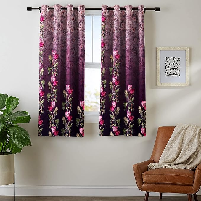 Nendle Polyester Floral Digitally Printed Window Curtains 5 Feet Long Set of 2 (Multicolor Pink, 5 Feet Long)