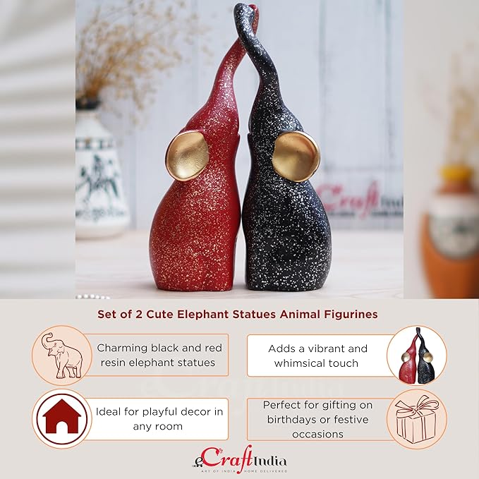 Ecraftindia Set of 2 Black & Red Cute Elephant Statues Animal Figurines Showpiece for Home Decor