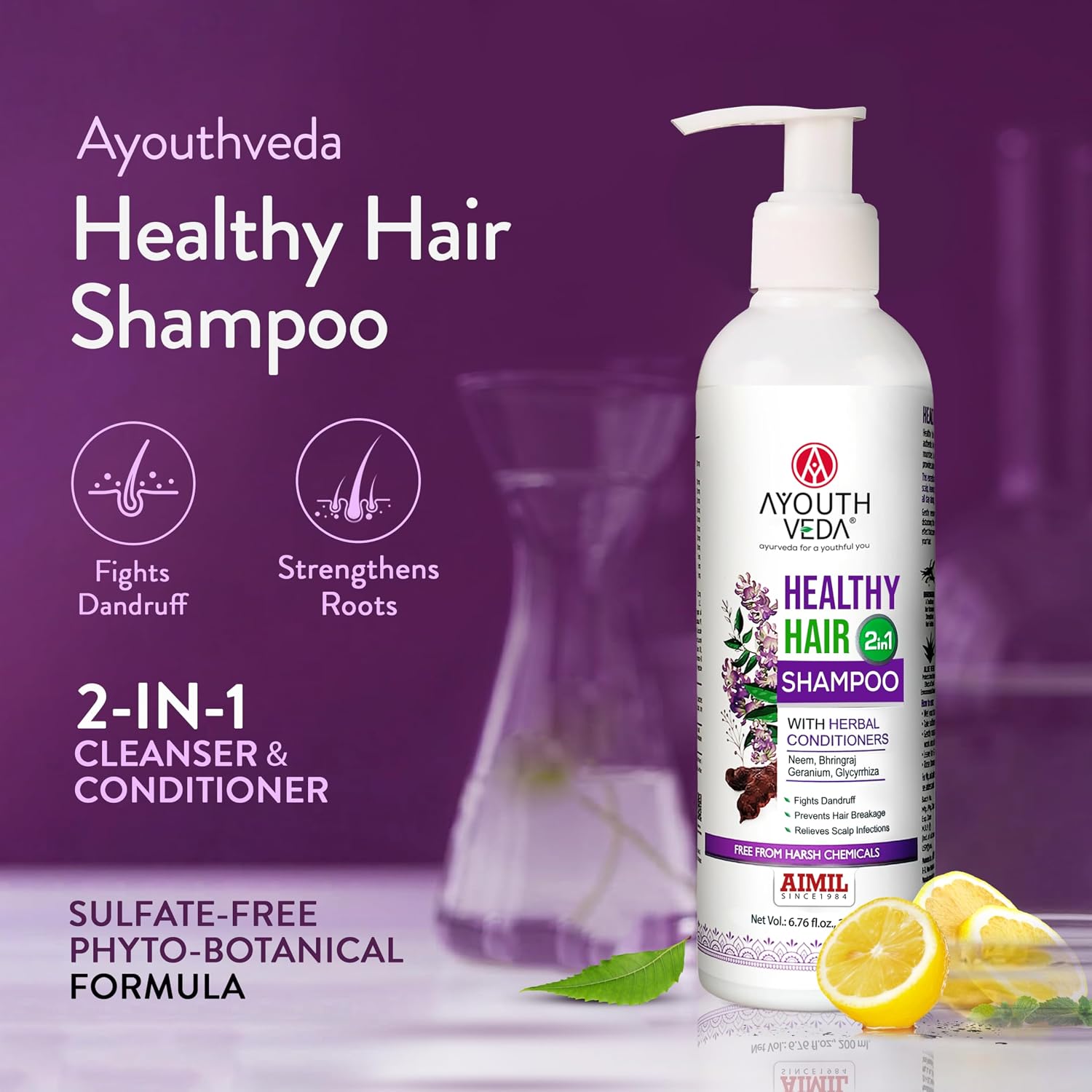 Ayouthveda Healthy Hair Shampoo with Bhringraj & Shikakai | 2-in-1 Shampoo & Conditioner | Ayurvedic Care with Neem & Lemon | Cleanses Scalp & Nourishes Hair | For All Hair Types | 200 ml (Pack of 1)