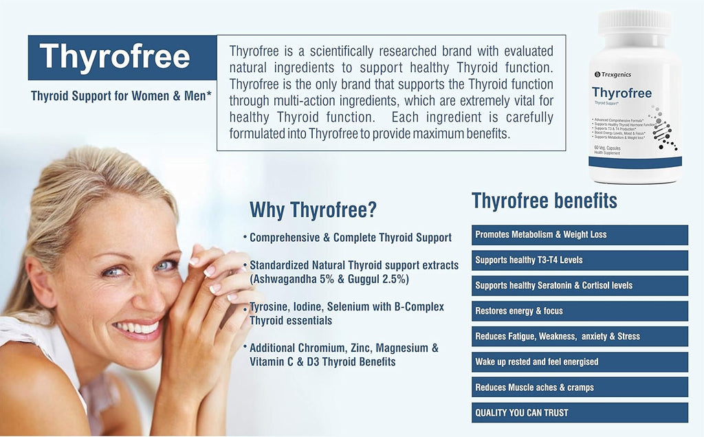 Trexgenics THYROFREE Comprehensive Thyroid Support with Ashwagandha 5%,Natural Herbs,Tyrosine,Magnesium,Iodine,Vitamin C,B-Complex,D3,Zinc,Selenium & Chromium (60 Veg. Capsules) (Pack of 1),60 grams