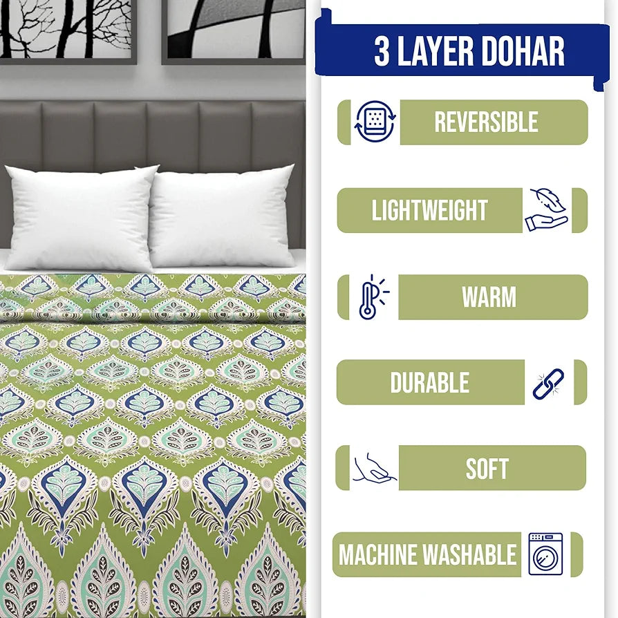Divine Casa Floret 100% Cotton Double Dohar 120 GSM Soft & Lightweight Throw Blanket Colour Palm Green