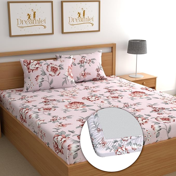 Dreamlet 180tc Cotton Feel All Around Elastic Fitted Bedsheets for Double Bed With 2 Pillow Covers | Pink