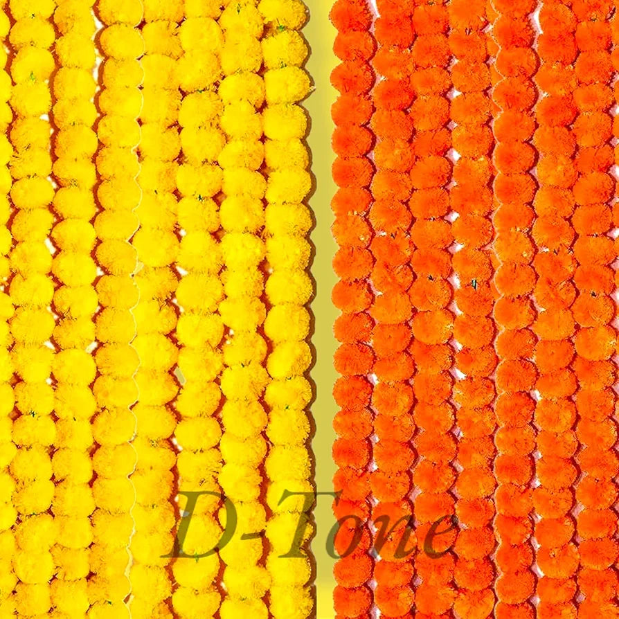 Decorative Marigold Garlands Mala Artificial Flower Genda Phool 4.5 Ft Long for Decoration Yellow+Orange 10 Pcs