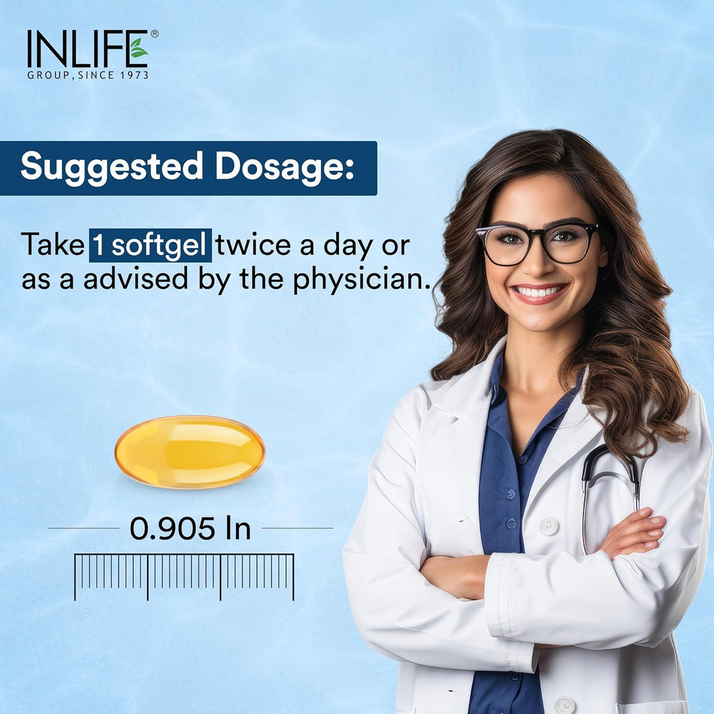 INLIFE Fish Oil Omega 3 Capsule 1000mg | Heart, Brain and Joint Health | Molecularly Distilled Highly Concentrated Supplement - 60 Softgels (60 Softgels)