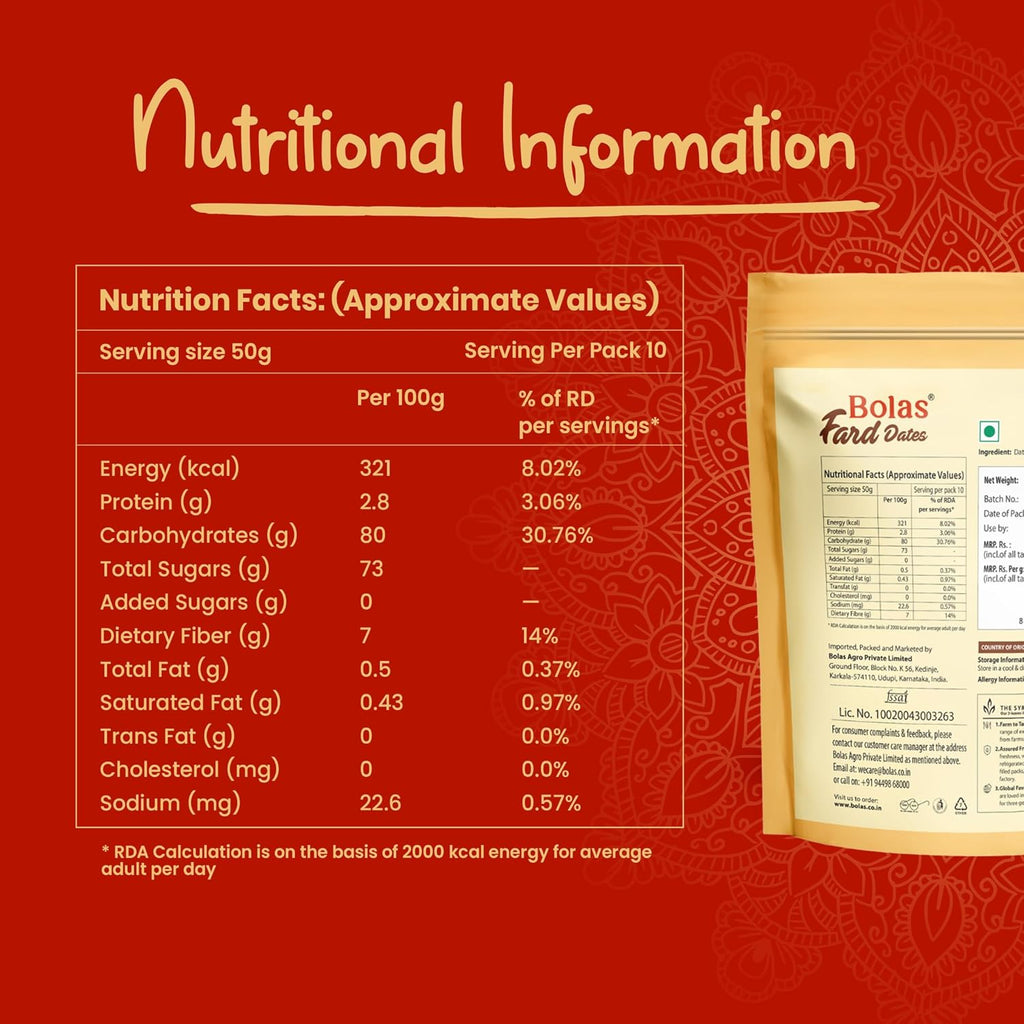 Bolas UAE Fard Dates 500g | Soft & Smooth Khajur/Khajoor | Mild Sweetness | Naturally Low-Fat | No Added Sugar | No Preservatives | Rich in Fibre | Dry Fruits