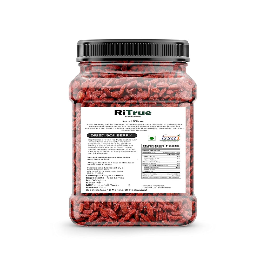 RiTrue Organic Dried Goji Berries without Sugar - 200 Gm - Unsweetened Goji Berry Dry Fruits