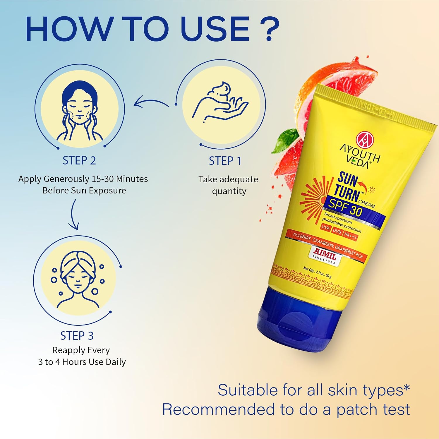 Ayouthveda Sun Turn Cream SPF 30 PA+++ Sunscreen | Hydrating Sun Protection with Hyaluronic Acid, Mulberry, Cranberry & Grapefruit | Broad Spectrum UVA/UVB Defense | Non-Greasy, Water-Resistant Sunscreen for Face & Body | 60g
