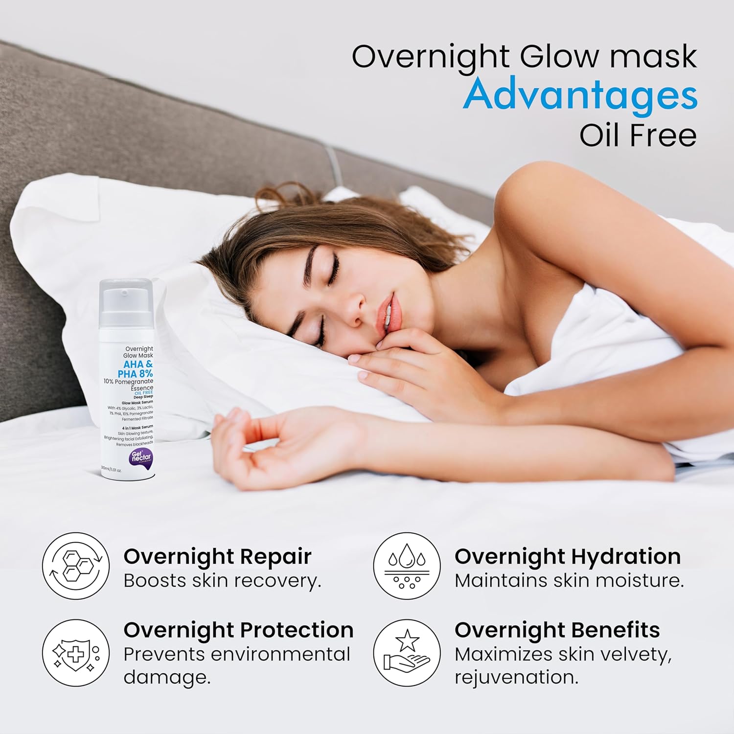 Get Nectar Happiness Overnight Glow Mask Aha & Pha 8% (Oil Free) with 10% Pomegranate Essence for Skin Glowing Texture, Brightening Facial Exfoliating, Removes Blackheads (30ml)
