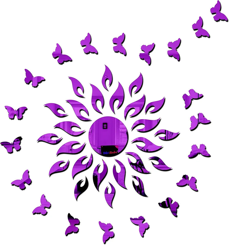 Bikri Kendra Art BK153 Sun Purple with 20 Purple Butterfly 3D Acrylic Mirror Stickers for Wall