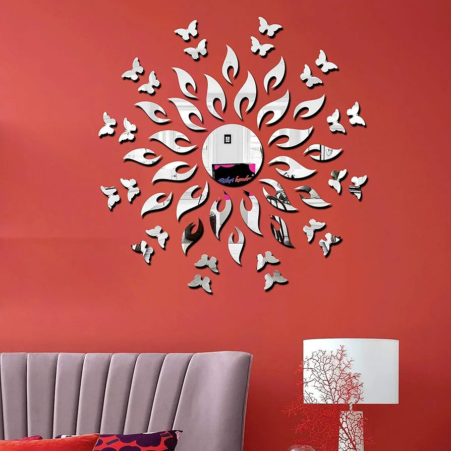 Bikri Kendra Art BK68 Sun Silver with Butterfly Silver 20-3D Acrylic Mirror Stickers for Wall