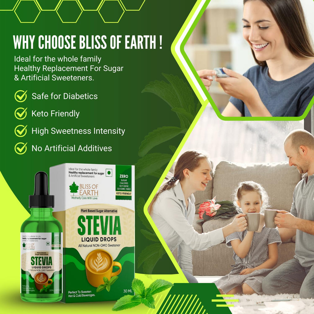 Bliss of Earth Stevia Liquid Sweetener â€“ Pure, Natural & Sugar Free Drops | Zero Calorie | 30ML | Perfect for Tea, Coffee, Shakes, Smoothies & Desserts | Keto & Diabetic Friendly
