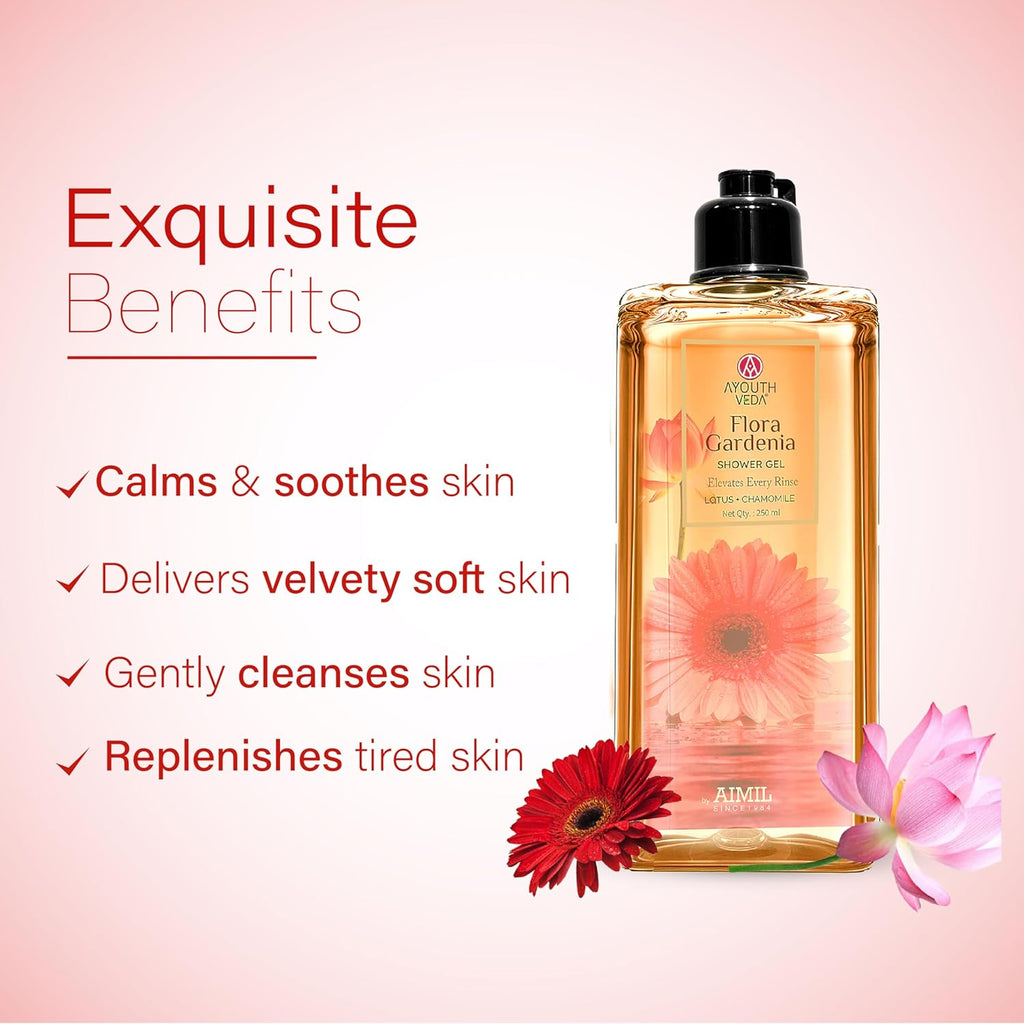 Ayouthveda Flora Gardenia Shower Gel, Natural & Ayurvedic Body Wash, Refreshing & Hydrating, Calms and soothes, Gently cleanses, Delivers velvety soft skin, For Men & Women 250ml