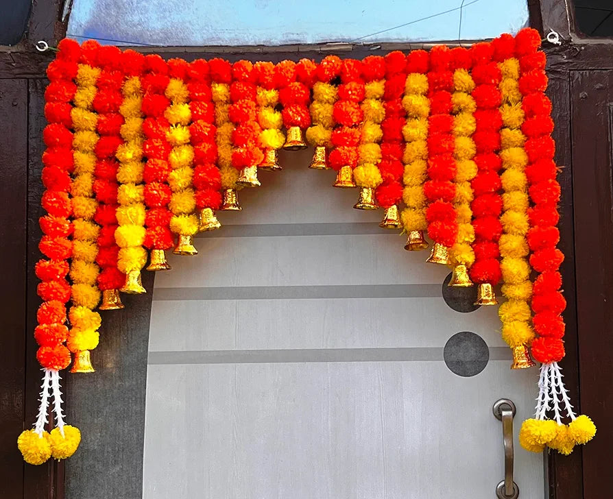 Artificial Marigold Bandanwar 40 Inch Orange & Yellow Fluffy Door Toran with Golden Bells Golden Bell With Marigold Bandanwar