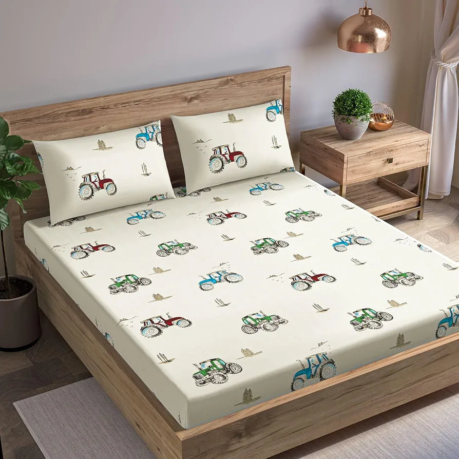 Trance Home Linen 180Tc 100% Cotton 78"X60" Standard Queen Size Elastic Fitted Kids Bedsheet Cartoon Printed Queen Bed Size with 2 Pillow Covers Colour Car Blue