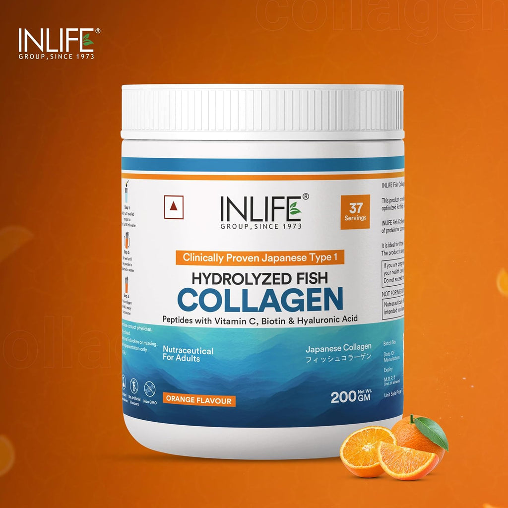 INLIFE Japanese Marine Collagen Supplements for Women & Men | Fish Collagen Powder for Skin & Hair | Clinically Proven Ingredient with Biotin, Hyaluronic Acid, Vitamin C & Glucosamine (200g, Orange)