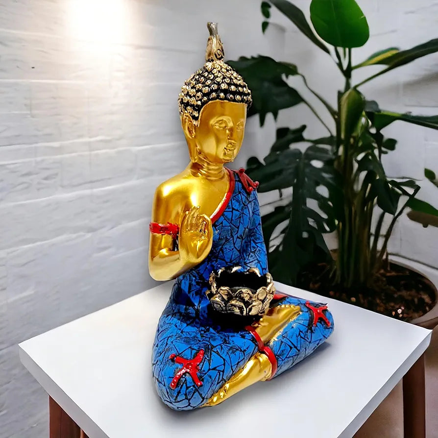 Neelaya Meditating Buddha Statue With Tealight Candle Holder Polyresin Showpiece 28 Cm Gold Blue