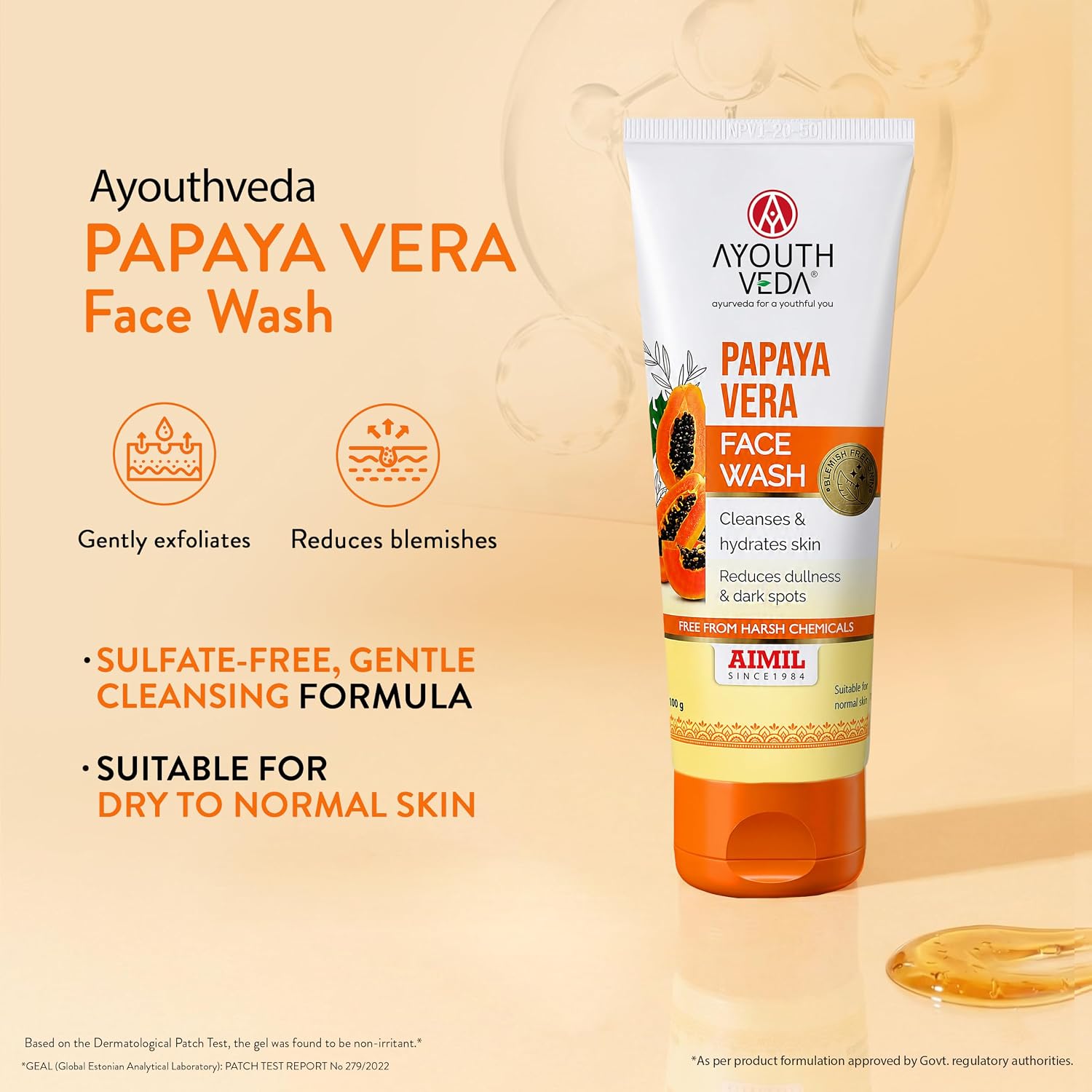 Ayouthveda Papaya Vera Face Wash with Real Papaya Extract for Dry to Normal Skin | Deep Cleansing, Removes Dullness, Dark Spots & Impurities | Hydrating, Sulfate-Free Gentle Formula | 100 g (Pack of 1)