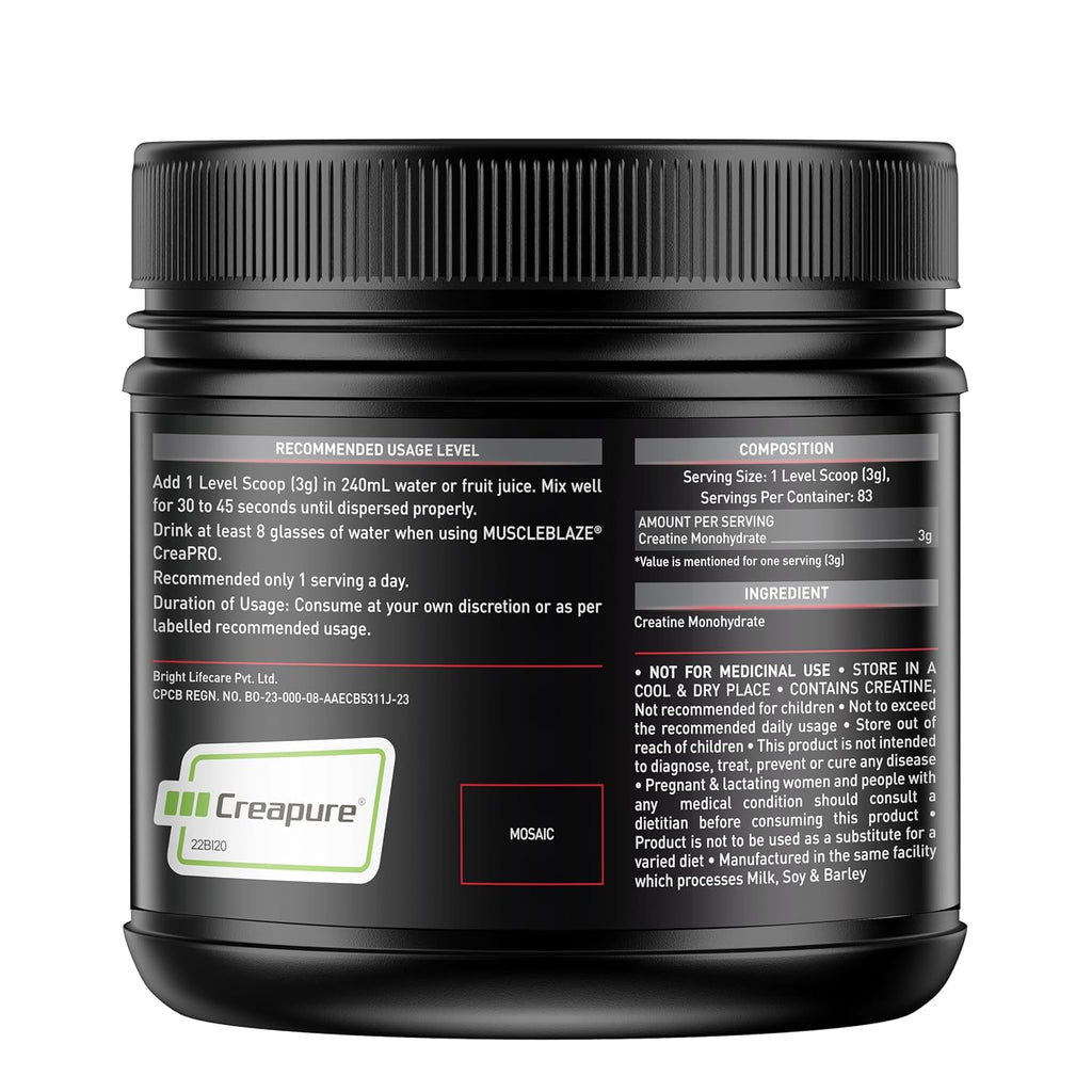 MuscleBlaze CreaPRO Creatine Monohydrate Powder with Creapure, Unflavoured (83 Servings, 250g)