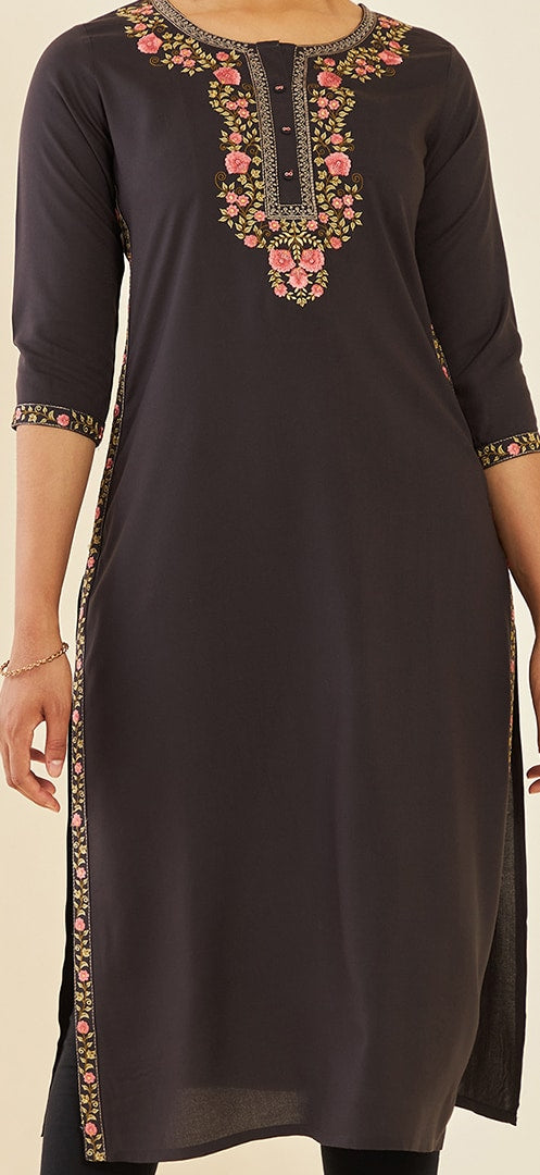 Soch Charcoal Floral Embroidered Straight Kurta