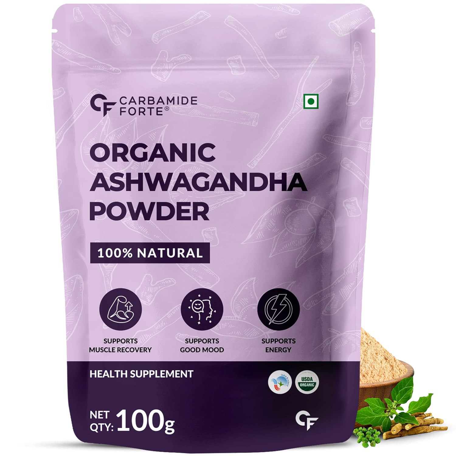 Carbamide Forte Organic Ashwagandha Powder 100g | Withania Somnifera | USDA Certified | May Support Energy, Strength, Stress Management & Muscle Recovery