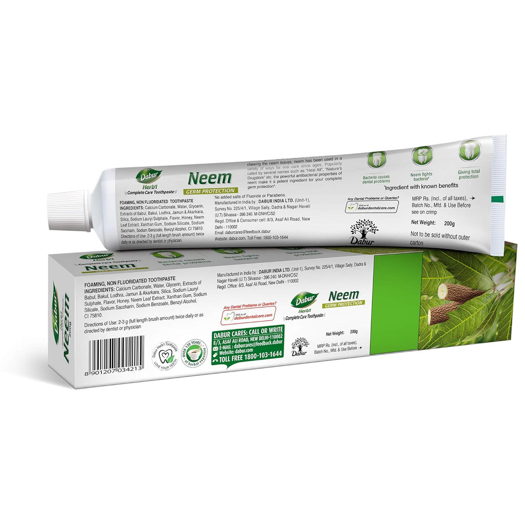 Dabur Herb'l Neem Germ Protection Toothpaste - 200g | No Added Flourides & Parabens | Neem Fights Bacteria (Pack of 2)
