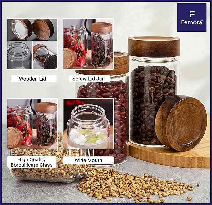 Femora Kitchen Storage Jars Borosilicate Glass With Wooden Lid Air Tight Jar | 350 Ml | Pack of 4 | Transparent