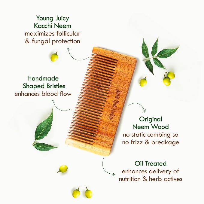 Nat Habit Kacchi Neem Comb Fine Tooth Styling & Wide Tooth Shampoo Combo, Soaked in 17 Herbs | Small Size