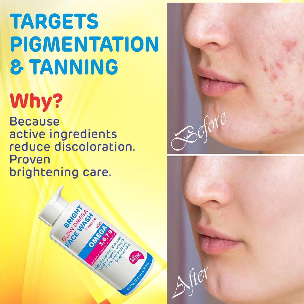 Get Nectar Happiness Bright Glow Omega Korean Glow Essence Face Wash Cleanser | Dark Spot, Pigmentation, Whitening & Brightening, Even Skin Tone & Gentle Daily Cleanser for Radiant, Glowing Skin â€“ 200 ml