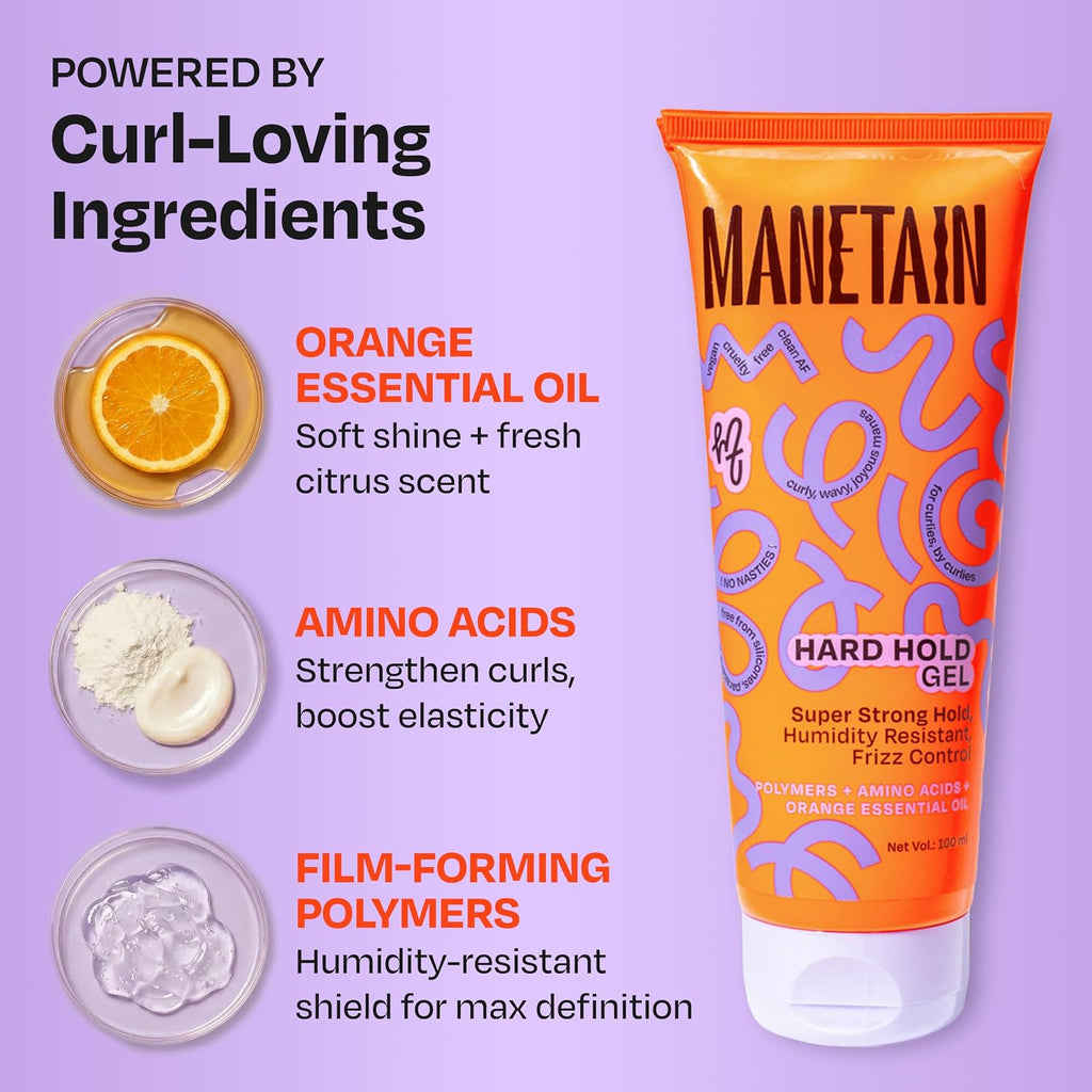 Manetain Hard Hold Curl Gel 100ml for Curly Hair & Wavy Hair | Strong Hold Curly Hair Gel for Women | Frizz Control, Long‑Lasting Definition & Shine | Humidity‑Resistant, Vegan, Silicone‑Free
