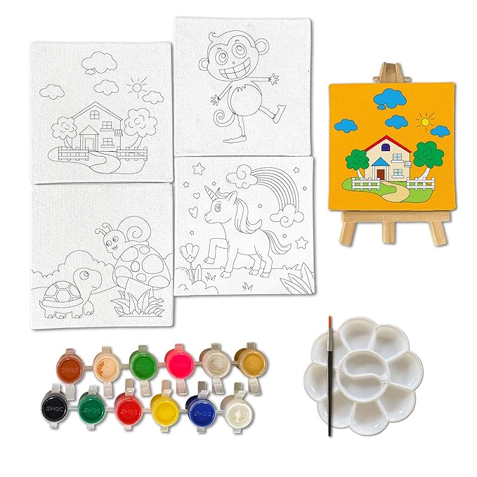 Mini Leaves Mini Canvas Art and Craft Paint Kit for Beginner With Wooden Easel, Colours, Painting Brush for Girls Boys 4-6 Years | Set of 4