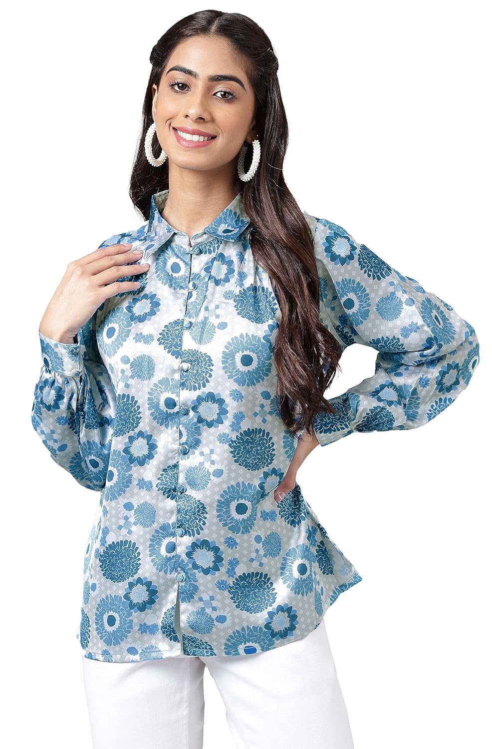 Janasya Women's Grey Satin Digital Floral Printed Shirt Style Top