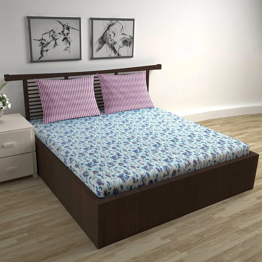 Divine Casa 144 TC 100% Pure Cotton Double Bed Bedsheet with 2 Pillow Covers Bloom Floral Colour Lavender Blue