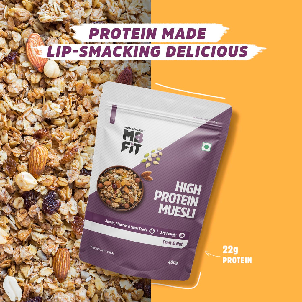 MuscleBlaze Fit High Protein Muesli, Fruit & Nut, 400g | 22g Protein | With Apple, Almonds & Super Seeds, High Protein Breakfast Cereals