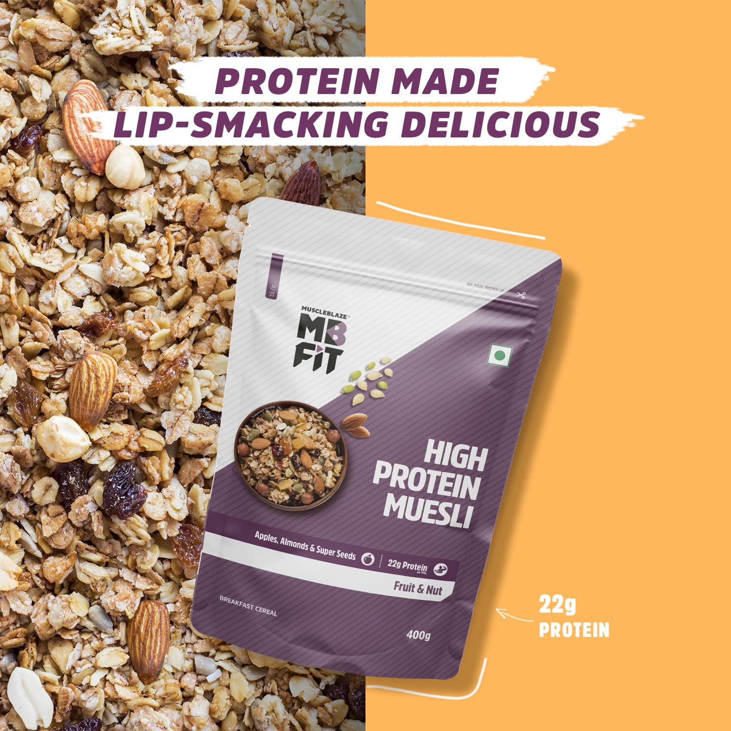 MuscleBlaze Fit High Protein Muesli, Fruit & Nut, 400g | 22g Protein | With Apple, Almonds & Super Seeds, High Protein Breakfast Cereals