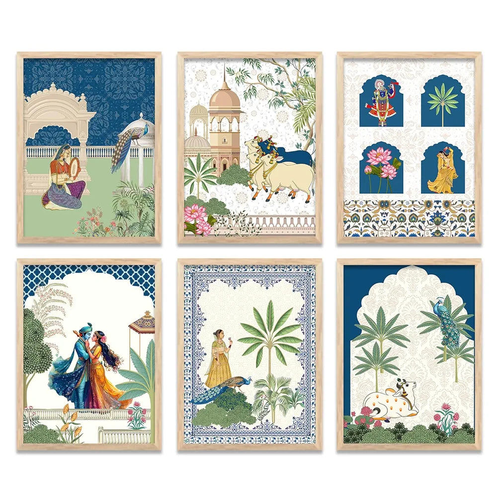 Kotart Framed Wall Painting Traditional Indian Wall Art Madhubani Paintings set of 6 C