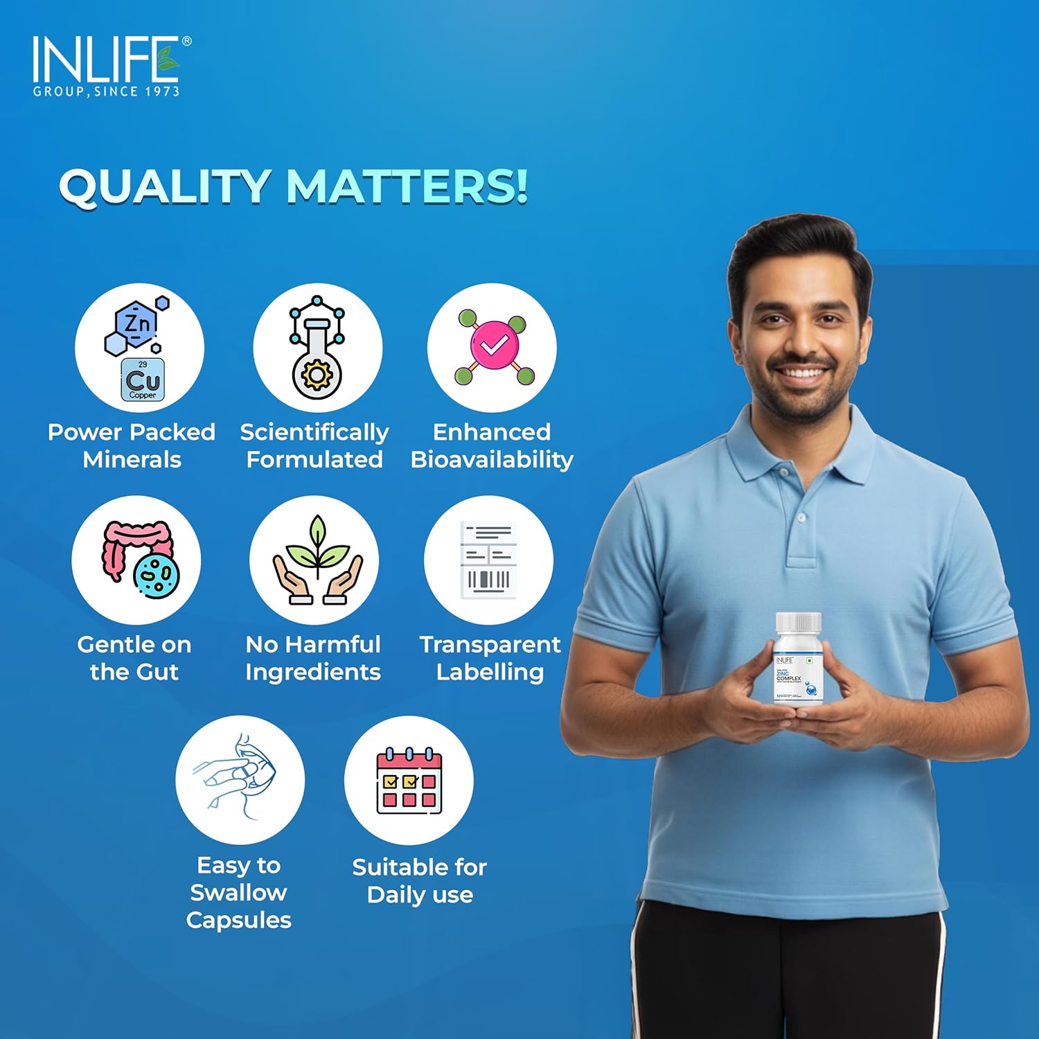 INLIFE Zinc Complex Capsules with Zinc Picolinate & Gluconate with Copper Gluconate | Supports Immune & Skin Health | Helps in Digestion for Men & Women | Veg. Capsules (Pack of 1)
