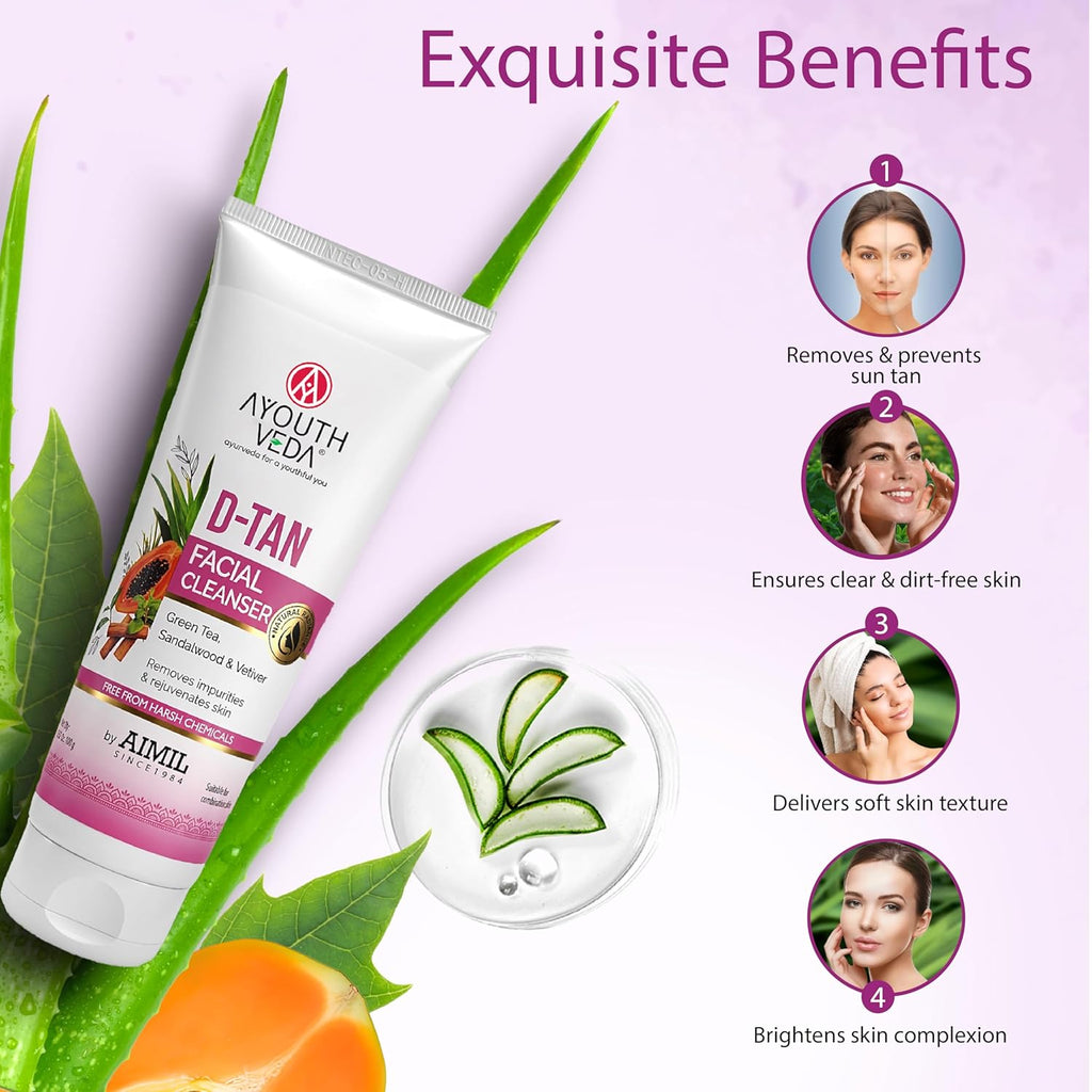Ayouthveda D-Tan Facial Cleanser for Tan Removal & Skin Brightening | Helps Clean Dirt & Impurities | Enriched with Papaya, Lemon, Aloe Vera & Cucumber | Net Qty.- 100g