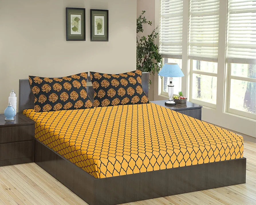 Trance Home Linen 200TC 100% Cotton 78"X72" Standard King Size Elastic Fitted Bedsheet Printed King Bed Size with 2 Pillow Covers Colour Dori&Damask Warm Grey Mustard