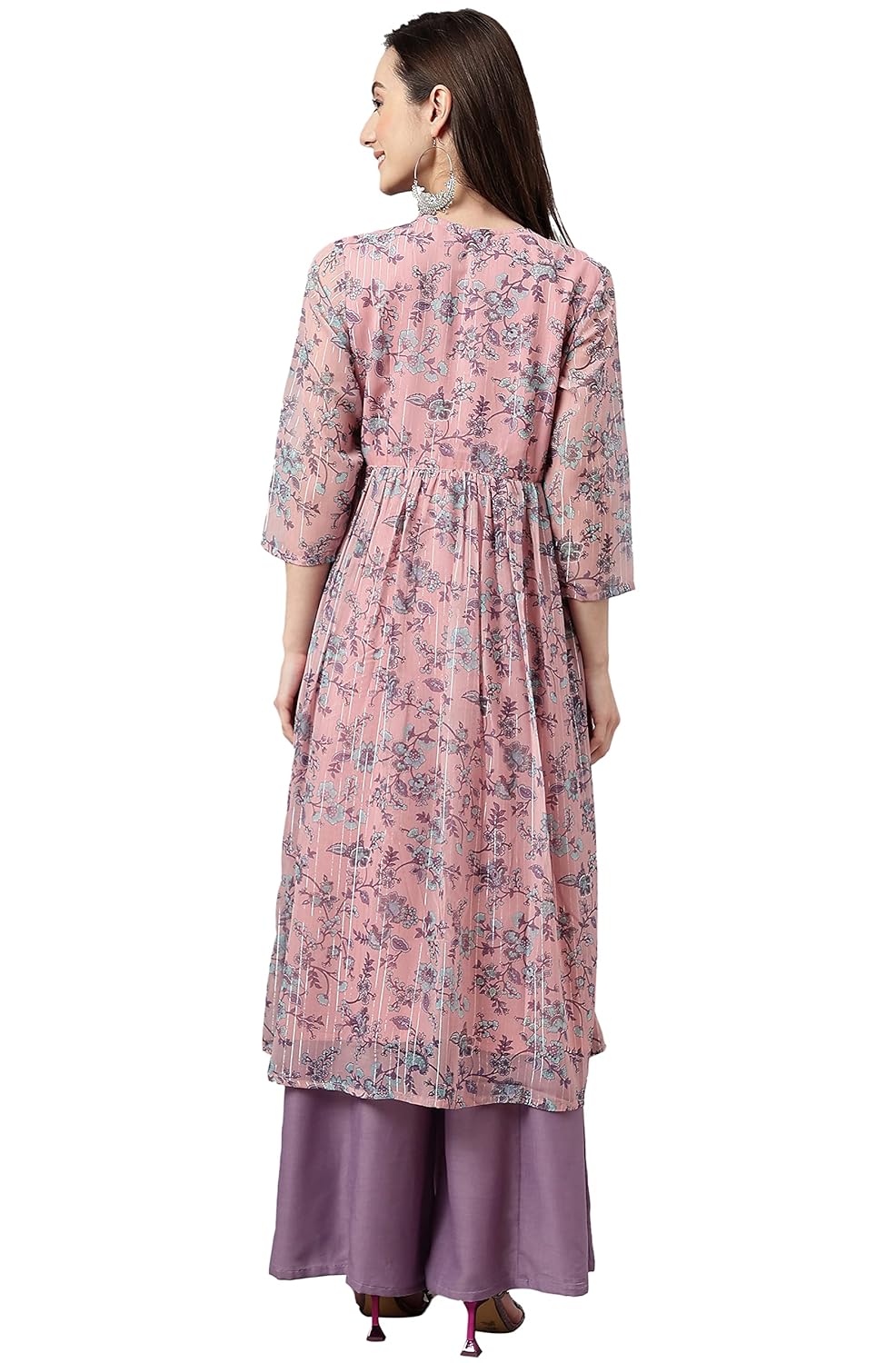 Janasya Women's Pink Chiffon Lurex Floral Printed Flared Kurta