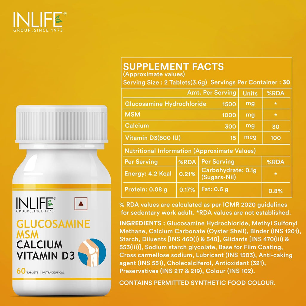INLIFE Glucosamine Tablets for Joint | With MSM Calcium & Vitamin D3 | Cartilage, Bone Health Supplement - 60 Tablets (Pack of 1, 60)