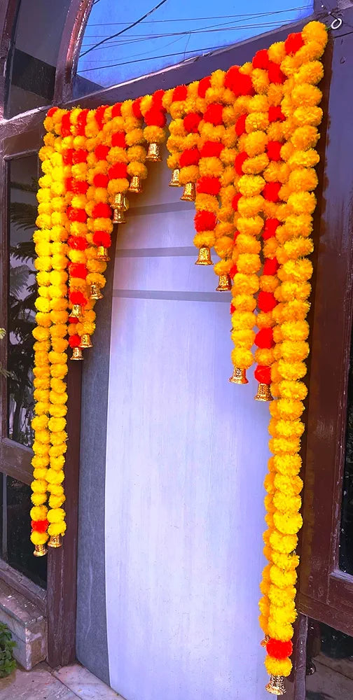 Artificial Marigold Bandanwar 40 Inch Yellow Orange Full Door Toran with Decorative Bells Multicolor Marigold With Bell Bandanwar