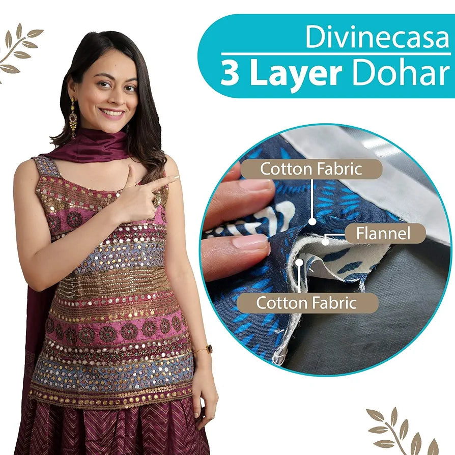 Divine Casa 120 GSM Dohar Single Bed Cotton Reversible Quilt AC Blanket for Winter Soft Light-Weight Bed Razzai Colour Blue and Grey