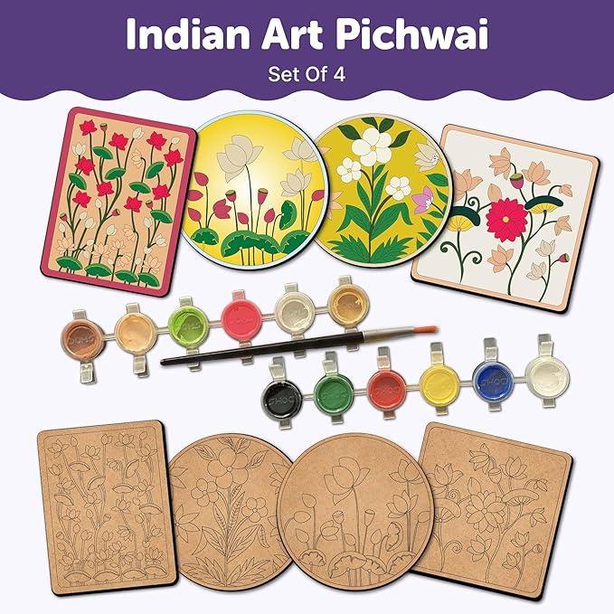 Mini Leaves Colorful Round and Square Pichwai Wooden DIY Tea Coaster Art and Craft Paint Kit | Advanced Level